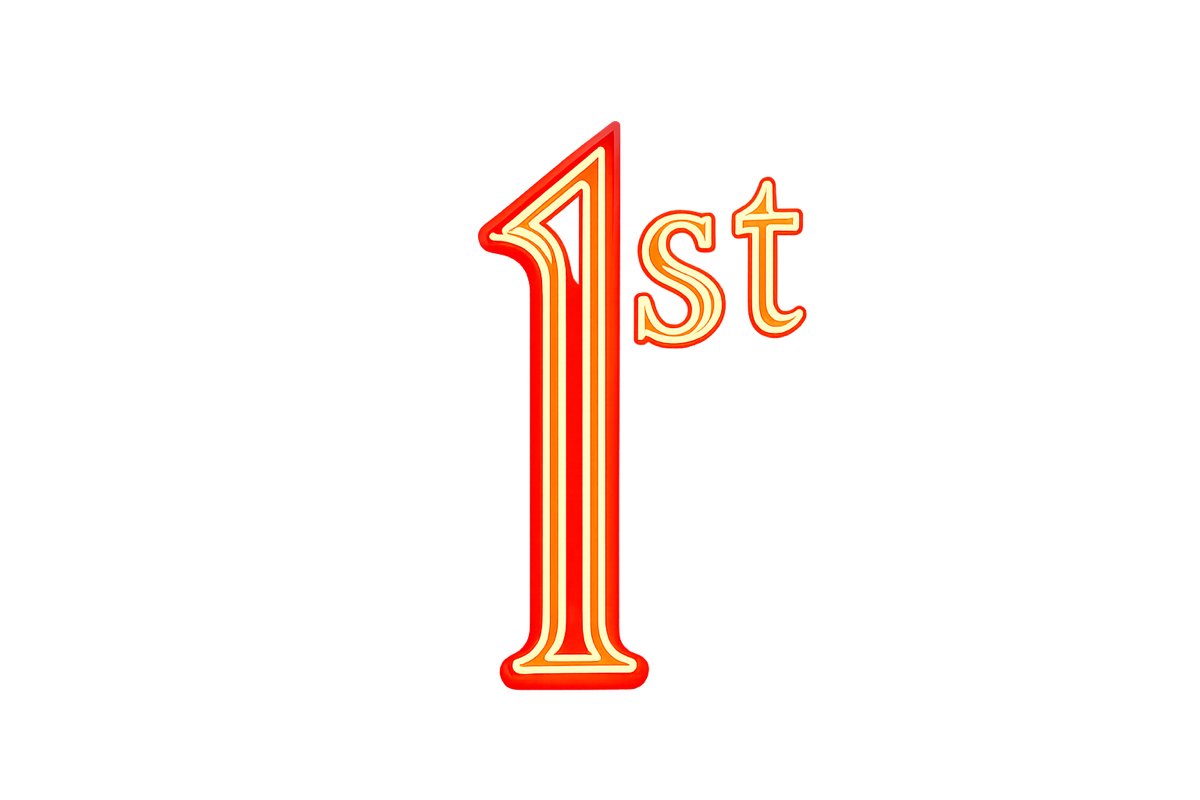 The red neon 1st sign, lit