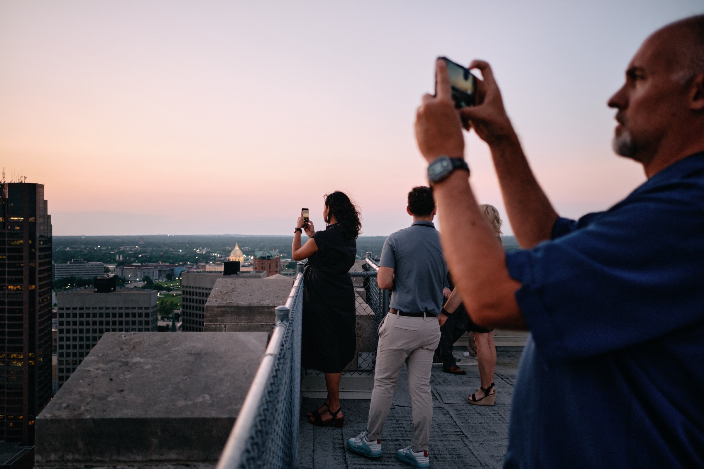 View over downtown Saint Paul from the First National Bank Building rooftop at dusk